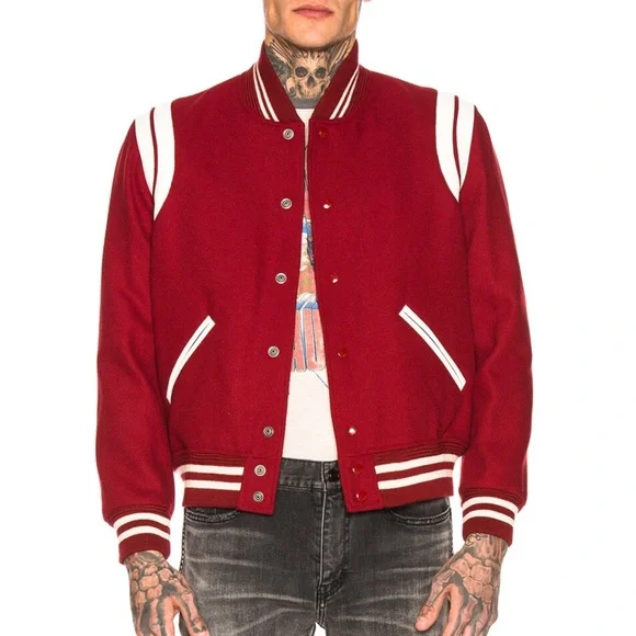 SAINT LAURENT size 44 Red Teddy Varsity Jacket